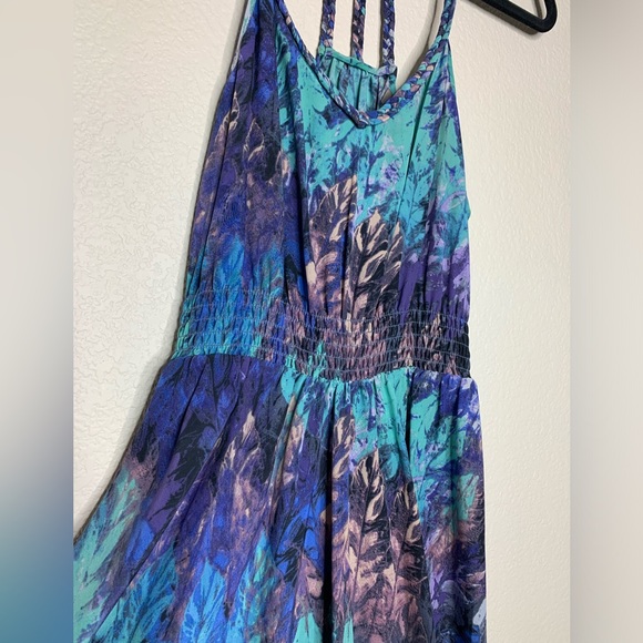 Short High-Low Bohemian Dress with Braided Straps in Turquoise/Purple - Picture 2 of 5